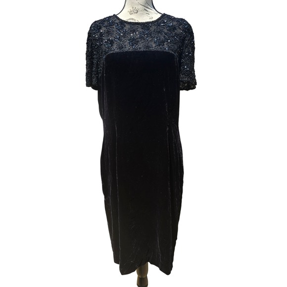 Talbots Vintage Velvet Midi Dress Black Beaded Sequins Cocktail Women's Sz 14 - Picture 1 of 10